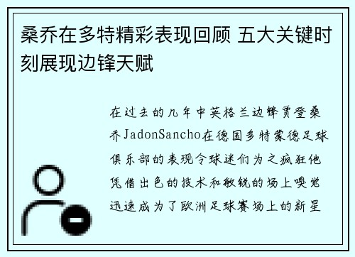 桑乔在多特精彩表现回顾 五大关键时刻展现边锋天赋